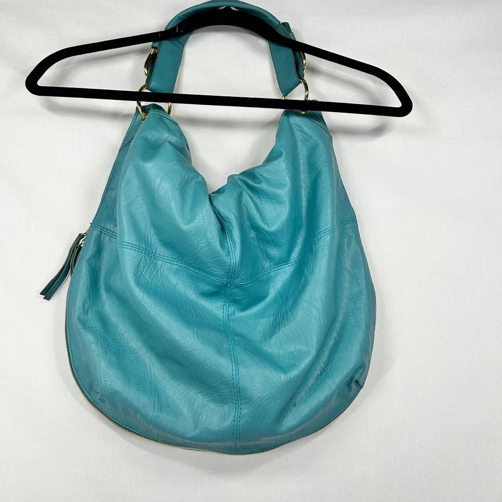 Turquoise Blue Slouchy Hobo Bag with Gold Hardware & Expandable Zipper